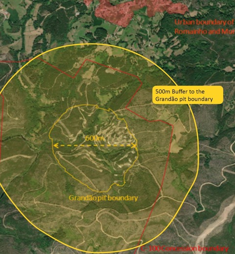 The dimensions of the Grandao and Reservatorio mining areas and their positions relative to local villages thumbnail image